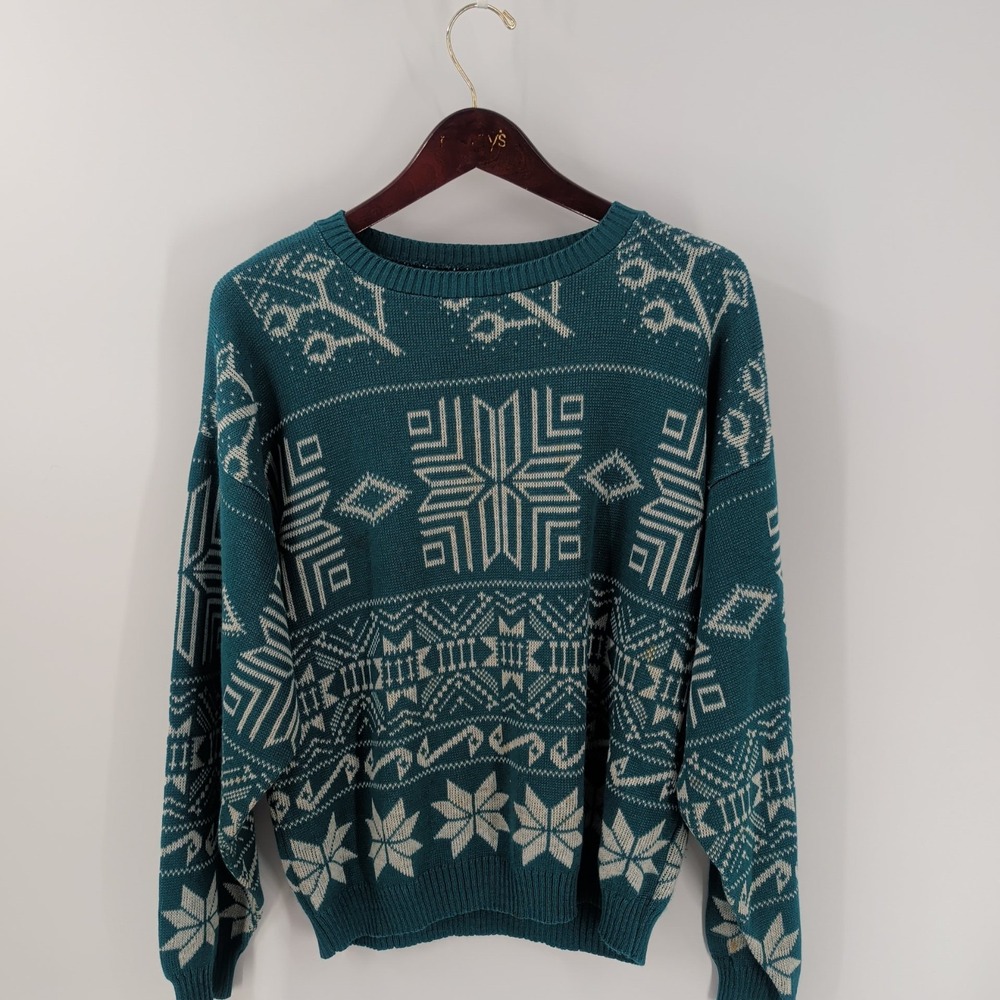 VTG Xmas Winterwear Comfort Fair Isle Knit Pullover Jumper Sweater Green White